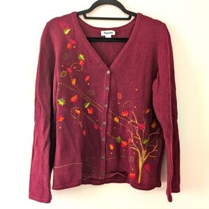 Christopher & Banks Cotton/Ramie Burgundy Fall Foliage Cardigan Women's size  M
